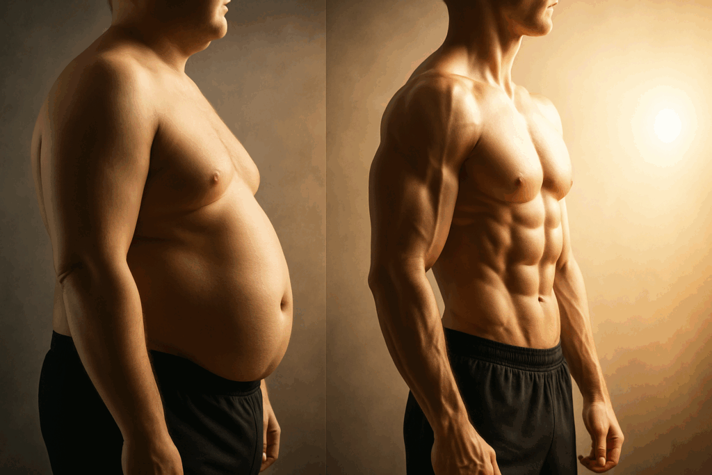 Side-by-side male torso comparison showing body transformation before and after protein diet with visible fat loss and muscle gain.