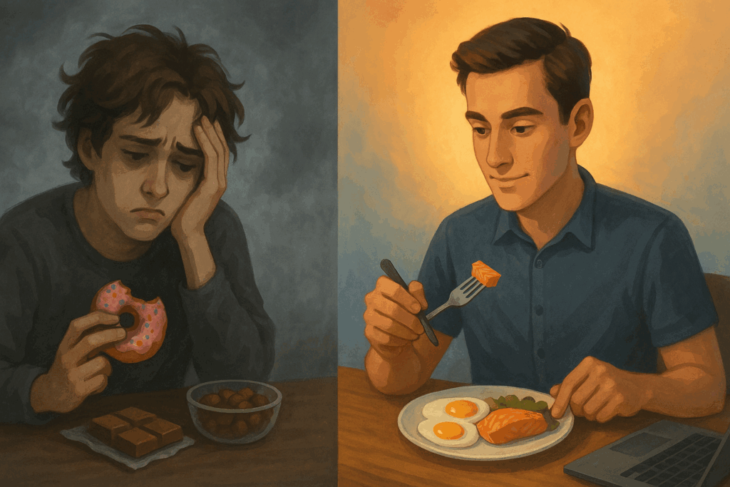 Split-screen showing before and after protein diet—left side depicts a gloomy person eating sweets, right side shows a focused individual enjoying salmon and eggs.