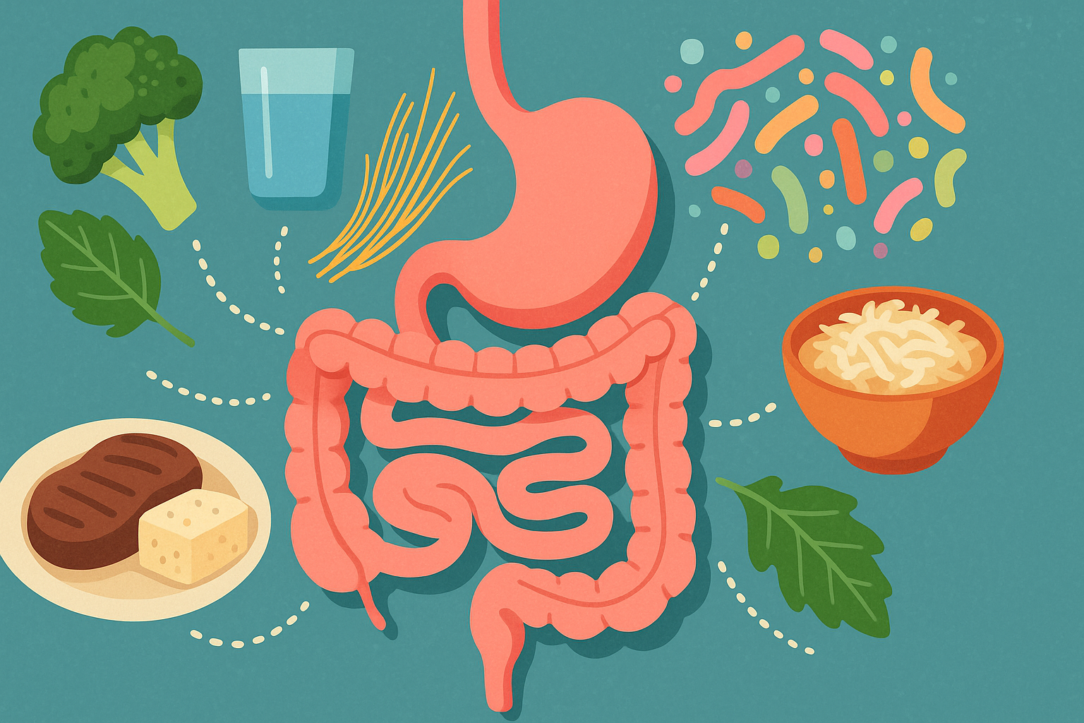 Stylized digestive system showing gut microbiota, fiber, water, and fermented foods supporting changes before and after protein diet.