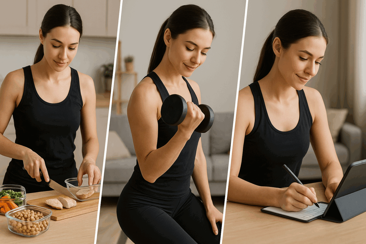 Woman meal prepping lean protein, lifting weights, and tracking meals on a tablet to show lifestyle transformation before and after protein diet