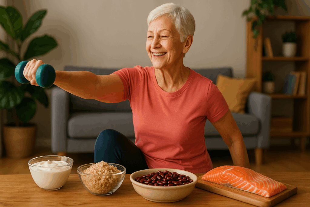 Older woman lifting dumbbells and smiling, surrounded by fish, beans, quinoa, and Greek yogurt—showing before and after protein diet lifestyle benefits.