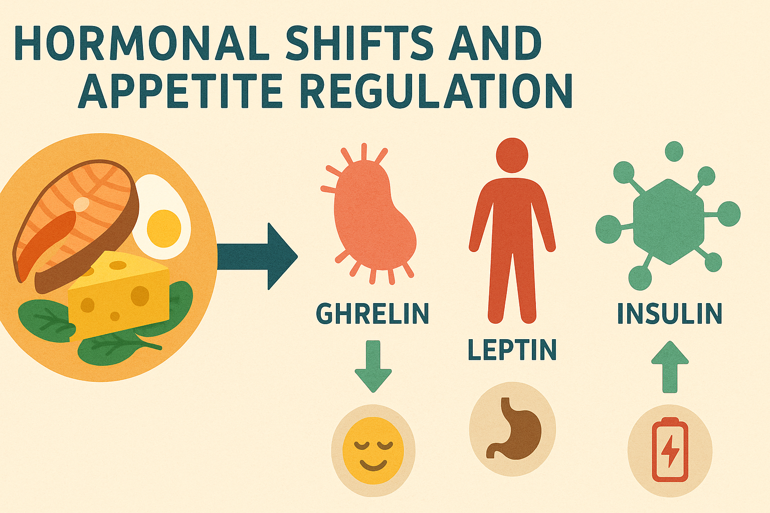 Visual diagram showing hormonal changes before and after protein diet, with icons for ghrelin, leptin, insulin, hunger, satiety, and energy regulation.