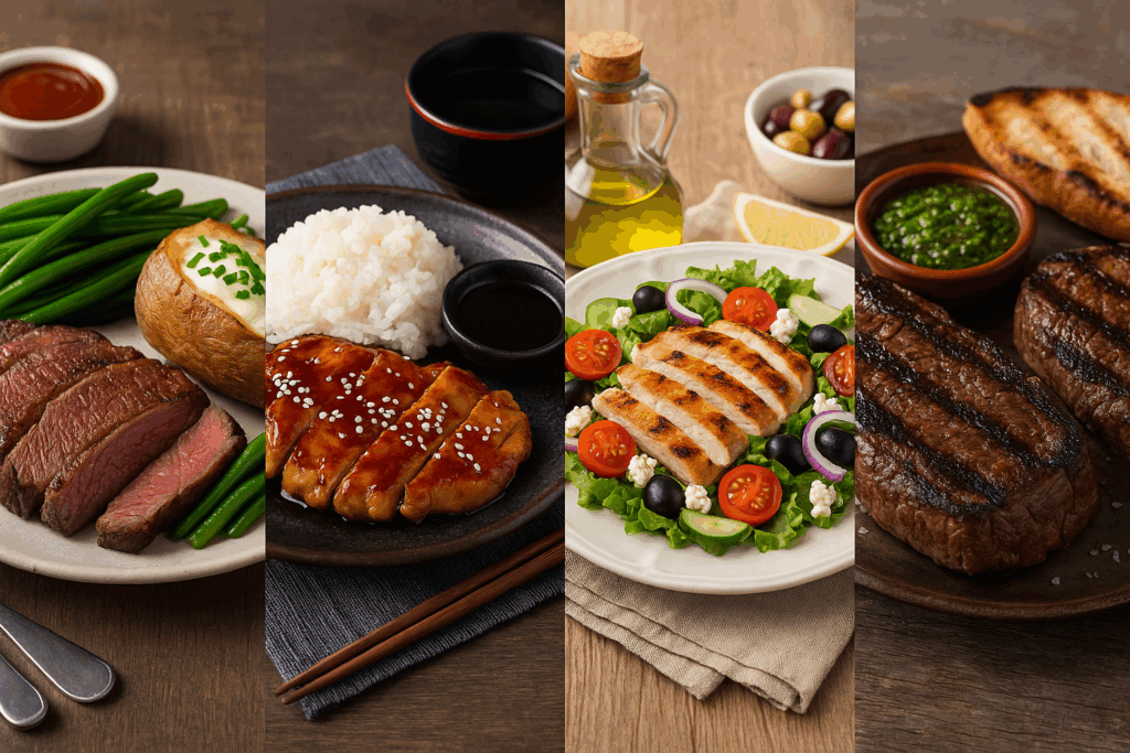 Traditional meals showing beef vs chicken protein in global cuisines: American steak, Japanese teriyaki chicken, Mediterranean salad, and Argentine grilled beef