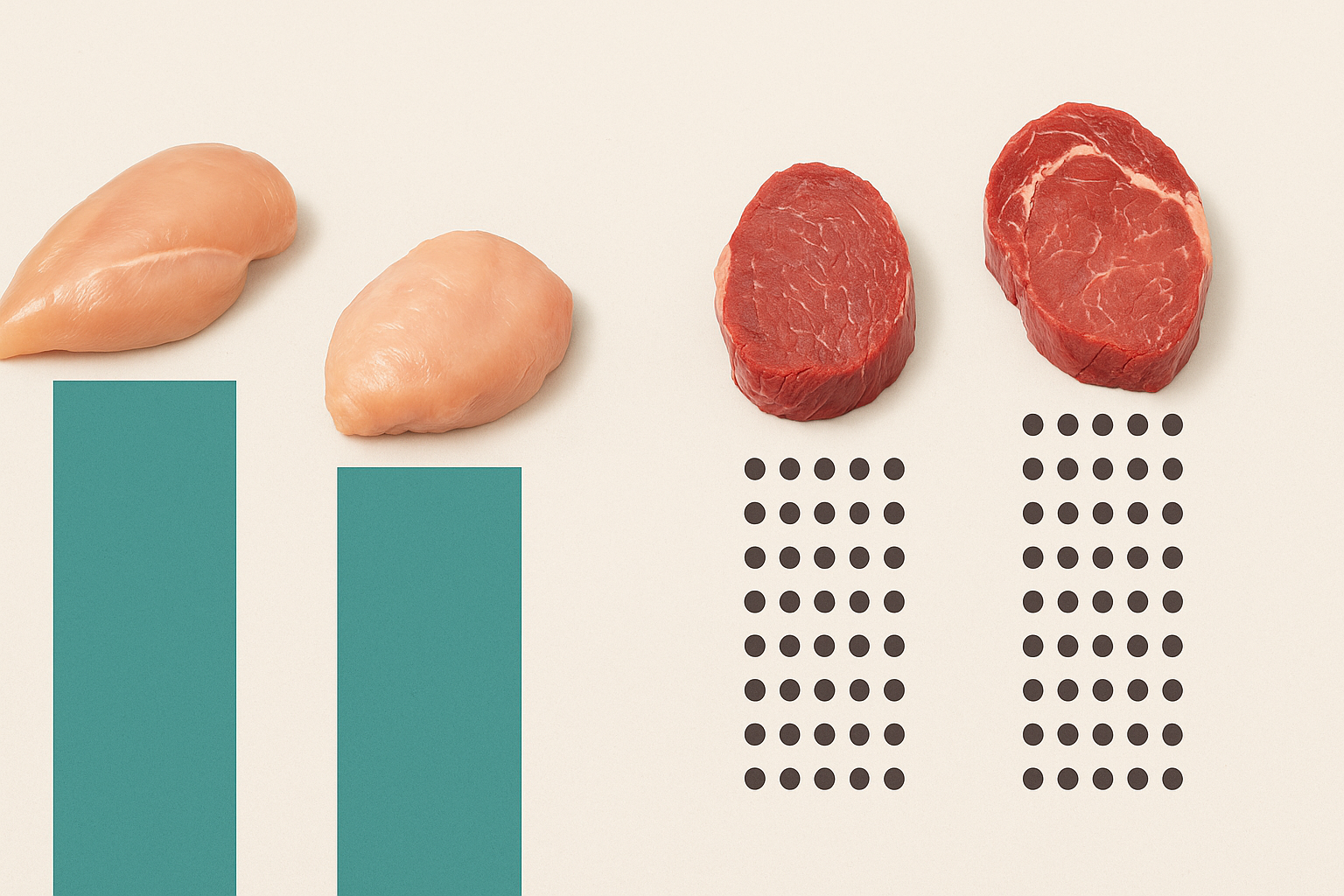 Infographic comparing beef vs chicken protein using visual bars and dots for sirloin, ribeye, tenderloin, chicken breast, and thigh