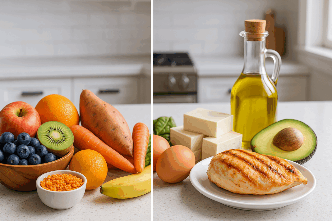 Split-screen display of colorful whole food carbs and lean proteins on a modern kitchen counter, illustrating the question is a low carb diet healthy.