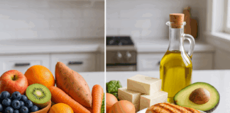 Split-screen display of colorful whole food carbs and lean proteins on a modern kitchen counter, illustrating the question is a low carb diet healthy.