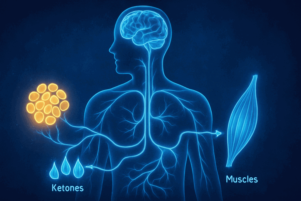 Human silhouette showing fat breakdown into ketones fueling brain and muscles, visualizing how ketosis works and answering is a low carb diet healthy.