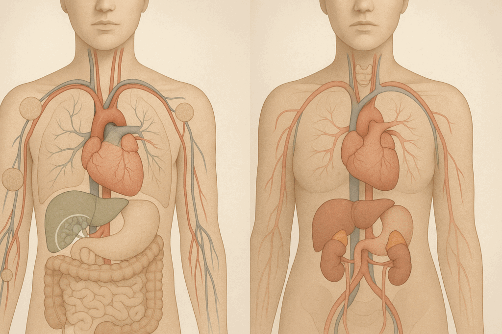 Before-and-after medical illustration comparing internal metabolic functions, asking: is a low carb diet healthy for long-term hormonal balance and insulin sensitivity.