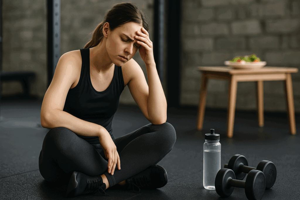 Woman in gym clothes sitting tired on the floor, holding her head in fatigue, with dumbbells, water bottle, and untouched healthy meal nearby—depicting cognitive strain and appetite loss, raising the question: is a low carb diet healthy?