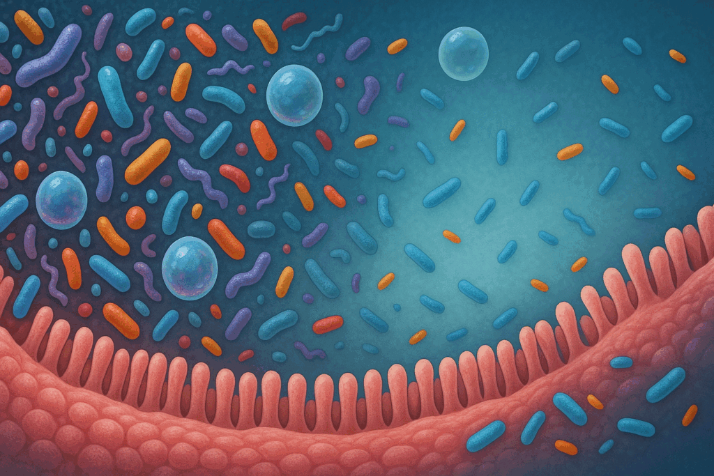 Cross-sectional view of gut microbiota showing diverse bacteria on one side and reduced colonies on the other, visualizing how is a low carb diet healthy impacts gut health through microbiome depletion.