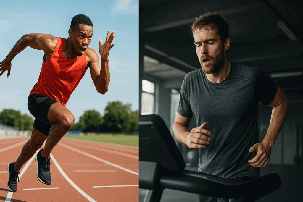 Split-screen of two male athletes showing contrasting energy levels, exploring if is a low carb diet healthy for performance