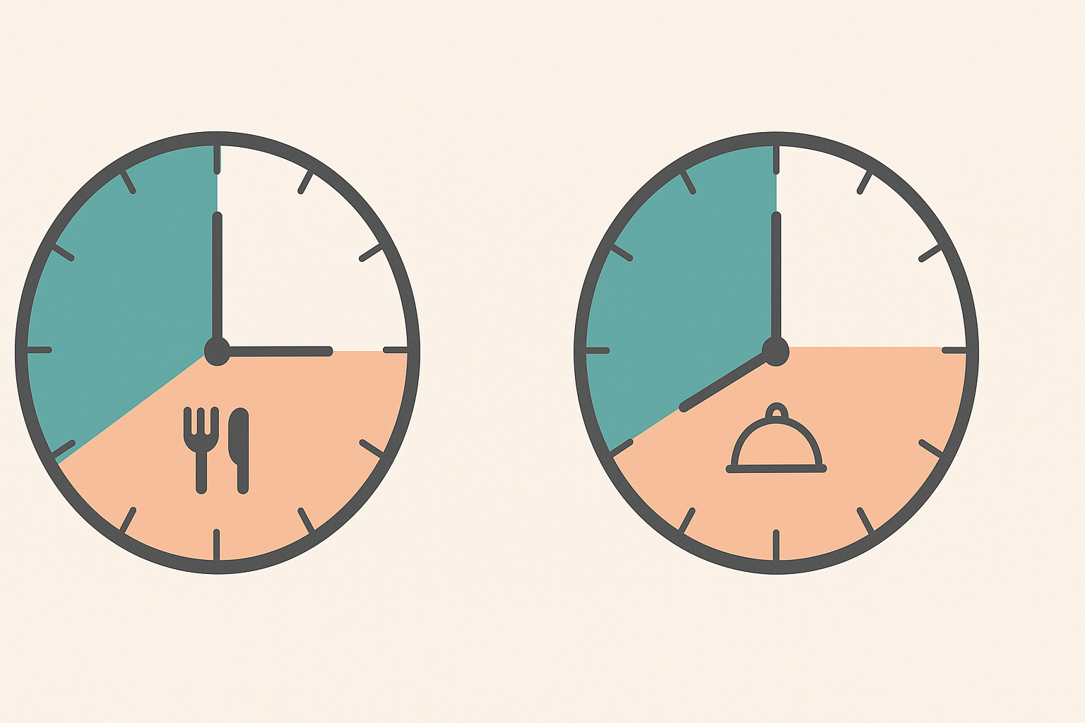Minimalist illustration comparing intermittent fasting 14 10 vs 16 8 with two 24-hour clocks showing colored fasting and eating windows.