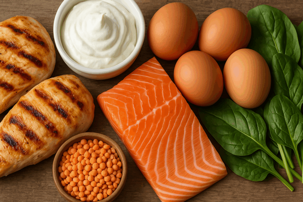 High-protein foods like grilled chicken, salmon, eggs, Greek yogurt, lentils, and leafy greens on a wooden surface, supporting intermittent fasting 14 10 vs 16 8 meal plans.