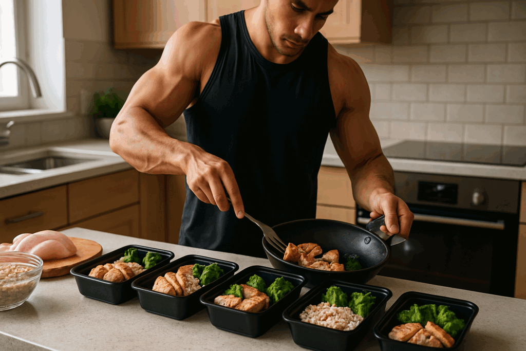 Muscular man meal prepping high-protein food in a kitchen, illustrating structured eating for intermittent fasting 14 10 vs 16 8.
