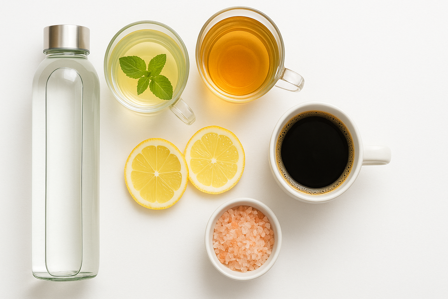 Flat-lay of clean fasting essentials—glass water bottle, herbal teas, lemon slices, mineral salt, and black coffee—supporting intermittent fasting 14 10 vs 16 8.