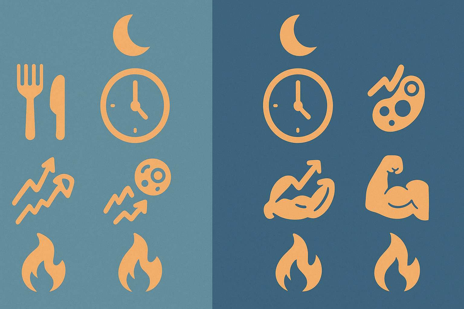 Visual infographic comparing intermittent fasting 14 10 vs 16 8 with abstract icons showing fasting hours, eating windows, fat burn, and muscle retention.