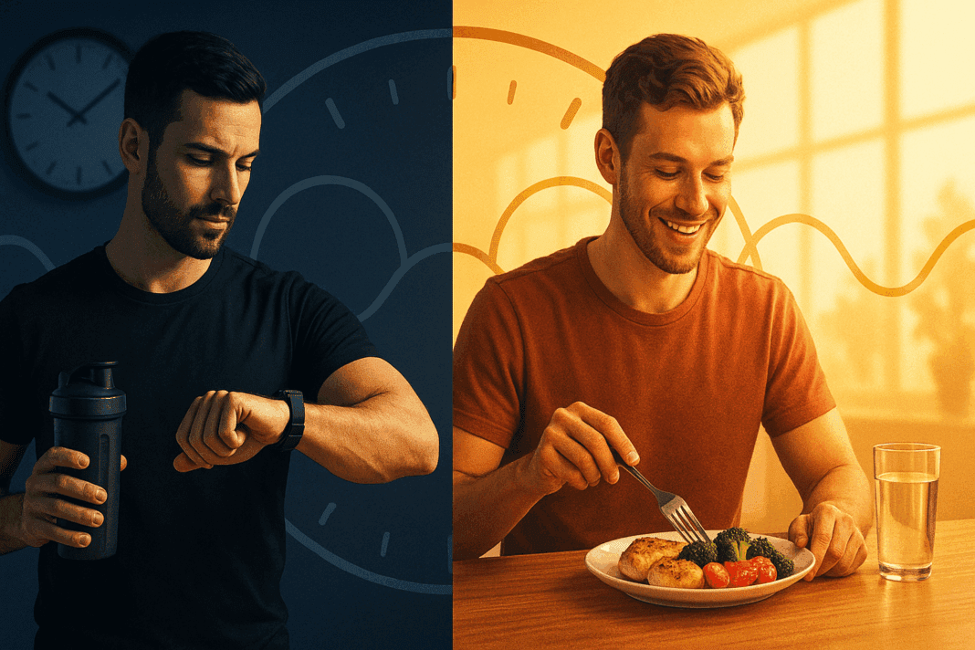 Split image comparing intermittent fasting 14 10 vs 16 8, with one man eating a protein-rich meal in daylight and another checking the time with a shake in hand.