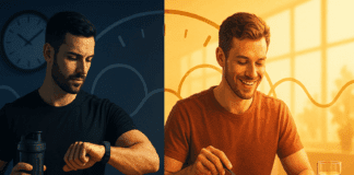 Split image comparing intermittent fasting 14 10 vs 16 8, with one man eating a protein-rich meal in daylight and another checking the time with a shake in hand.