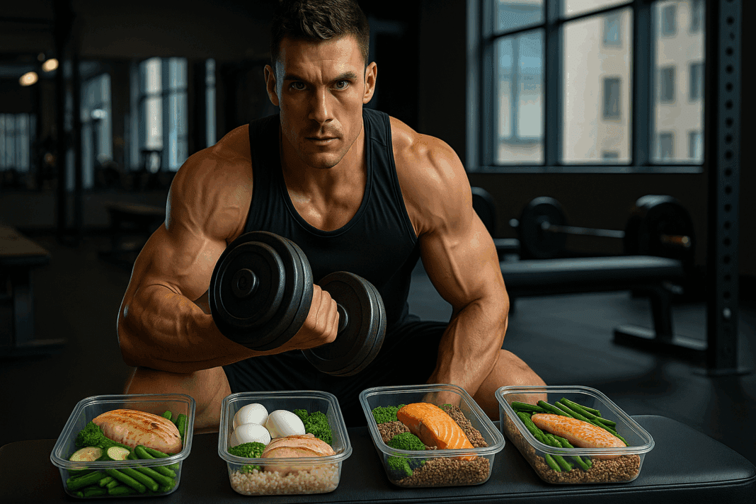 Muscular man lifting a dumbbell in a gym with meal prep containers of high-protein foods, highlighting fitness and nutrition.