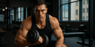 Muscular man lifting a dumbbell in a gym with meal prep containers of high-protein foods, highlighting fitness and nutrition.