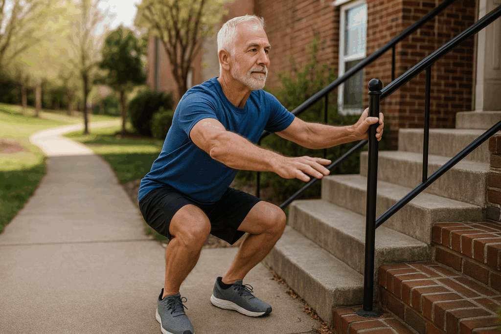 Older man performing a squat on outdoor stairs, demonstrating strength and balance for active aging through fitness and nutrition.