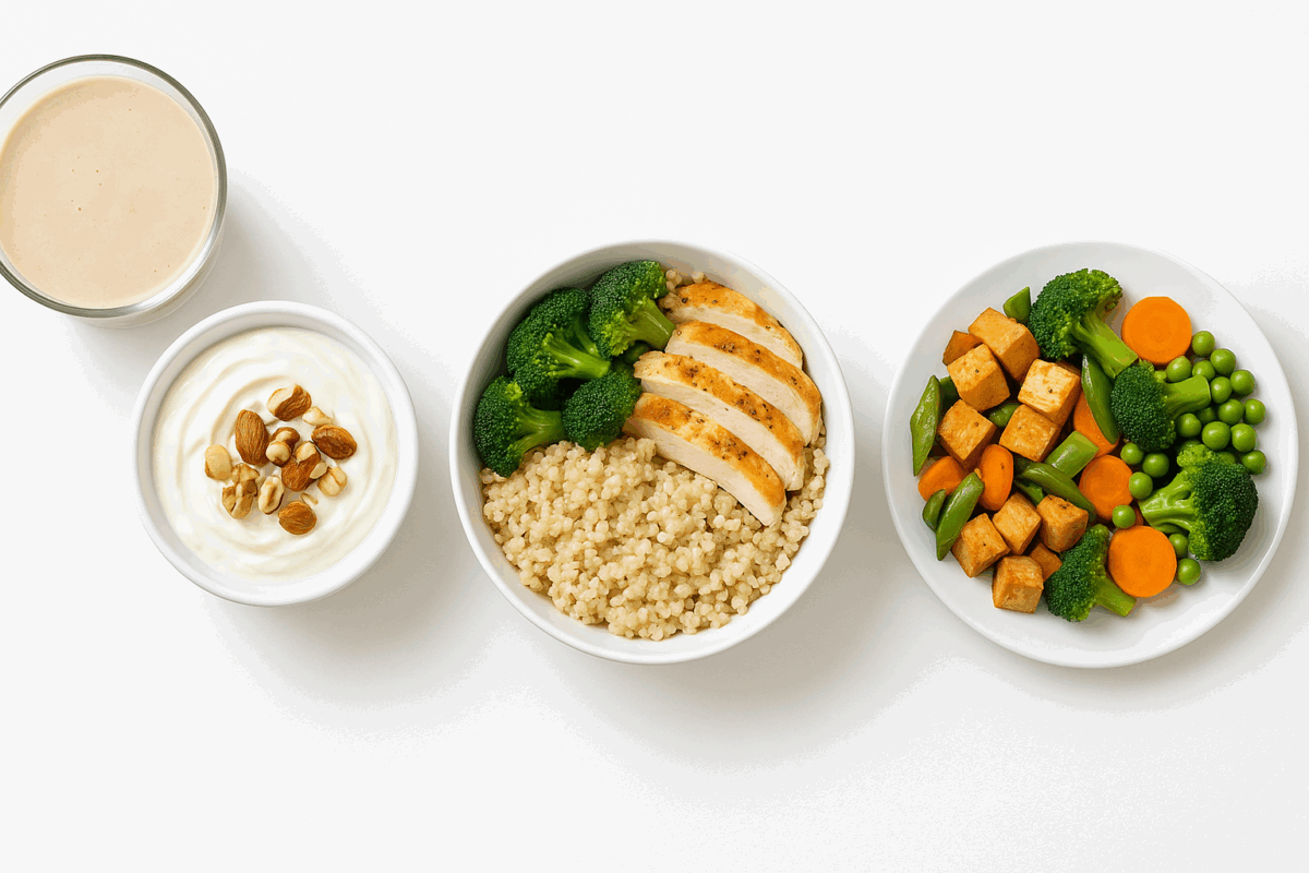 Top-down view of balanced high-protein meals including a protein shake, Greek yogurt with nuts, chicken and quinoa bowl, tofu stir-fry, and mixed vegetables for fitness and nutrition.
