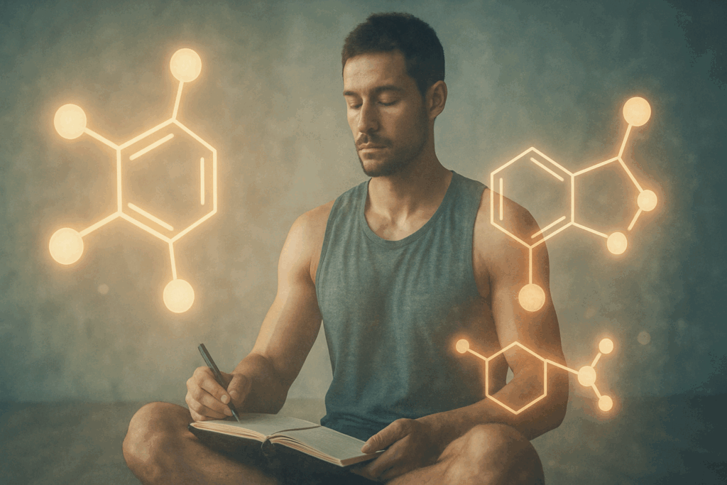 Athletic man journaling post-workout with glowing serotonin and dopamine molecules, symbolizing the mental benefits of fitness and nutrition.