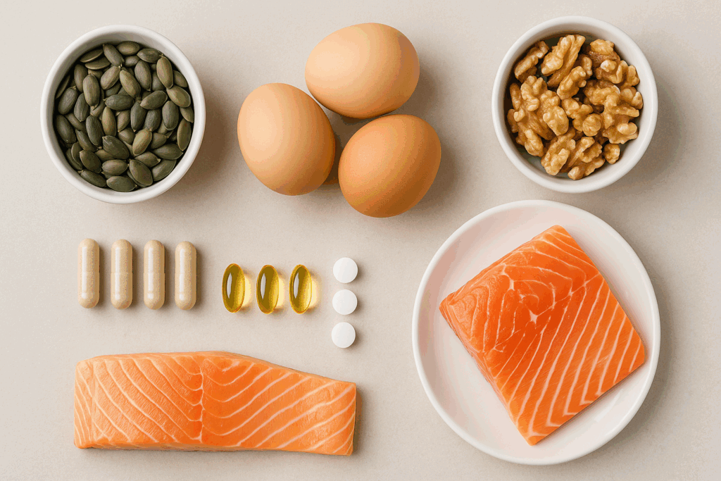 Salmon, eggs, walnuts, pumpkin seeds, and supplement capsules arranged on a beige background to highlight micronutrients for fitness and nutrition.