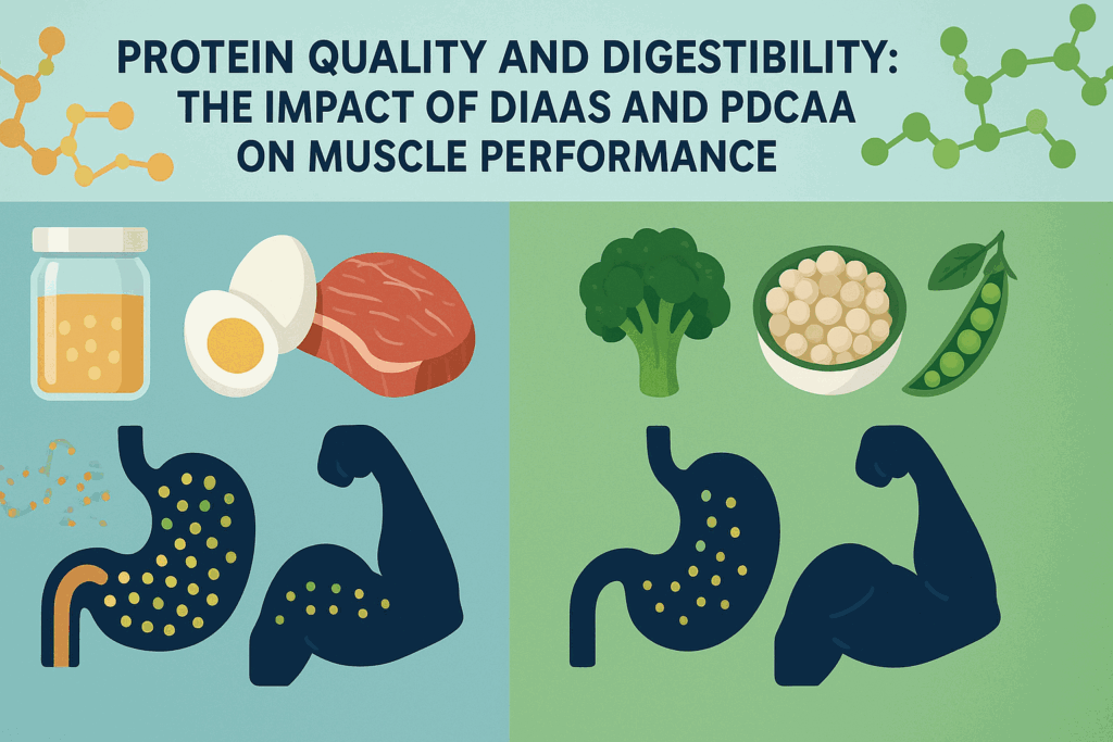 Infographic comparing animal and plant protein sources by digestibility and amino acid completeness, illustrating their impact on muscle performance for fitness and nutrition.