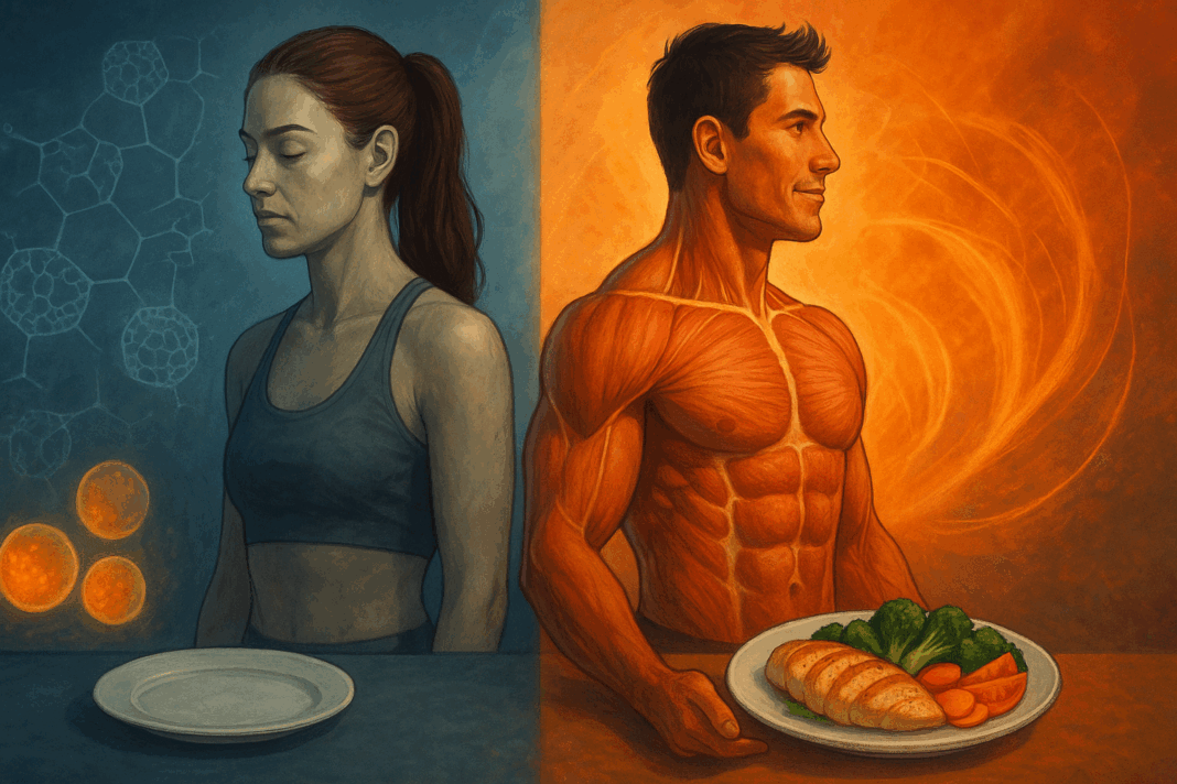Fit man and woman back-to-back showing metabolic contrast between fasting and feeding states, visualizing the question: does fasting burn fat or muscle