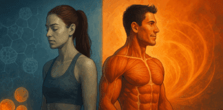 Does Fasting Burn Fat or Muscle? The Surprising Truth High-Protein Diets Reveal Fit man and woman back-to-back showing metabolic contrast between fasting and feeding states, visualizing the question: does fasting burn fat or muscle