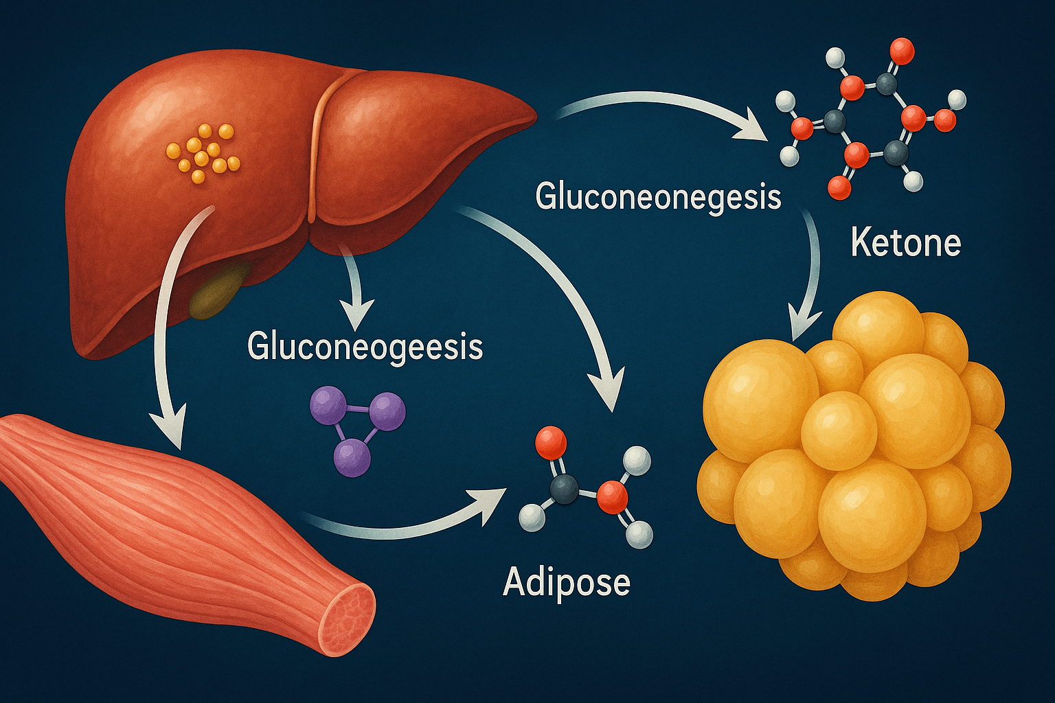 Medical illustration showing liver, muscle, and fat tissue in metabolic stages of fasting—explains does fasting burn fat or muscle.