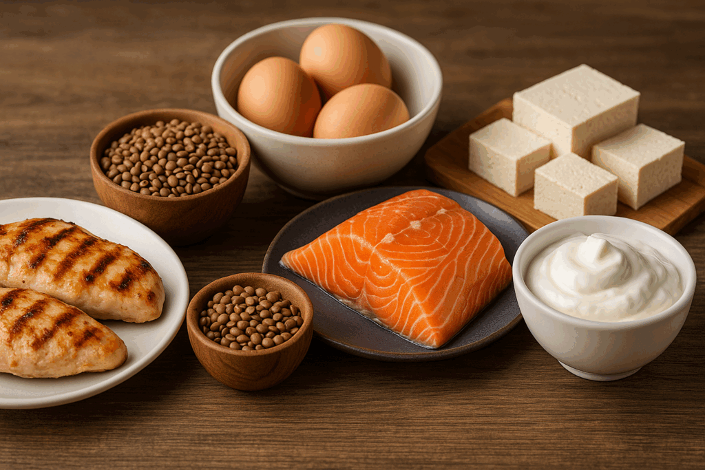Grilled chicken, salmon, eggs, lentils, Greek yogurt, and tofu arranged on a wooden table to show protein sources that support muscle during fasting, answering does fasting burn fat or muscle.