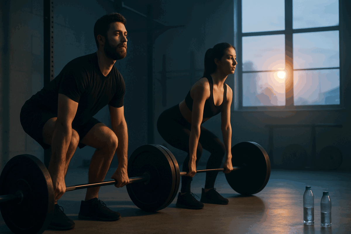 Man and woman doing deadlifts in a gym at sunrise, illustrating the debate: does fasting burn fat or muscle
