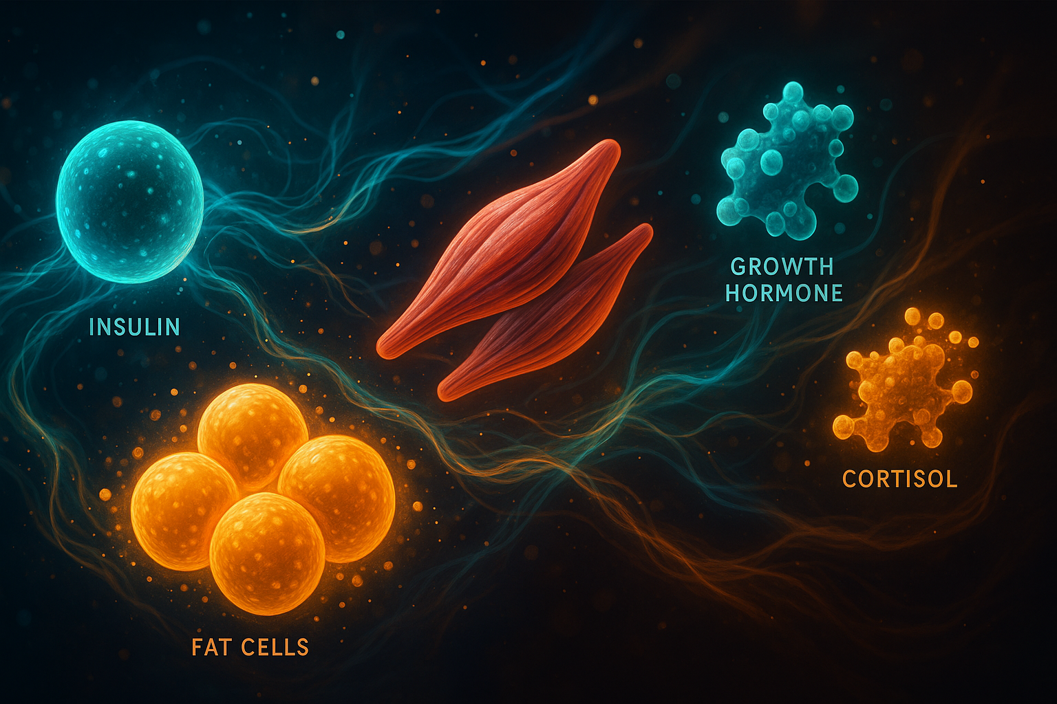 Abstract chart of hormone interactions during fasting, showing insulin, glucagon, cortisol, and growth hormone pathways to illustrate does fasting burn fat or muscle.