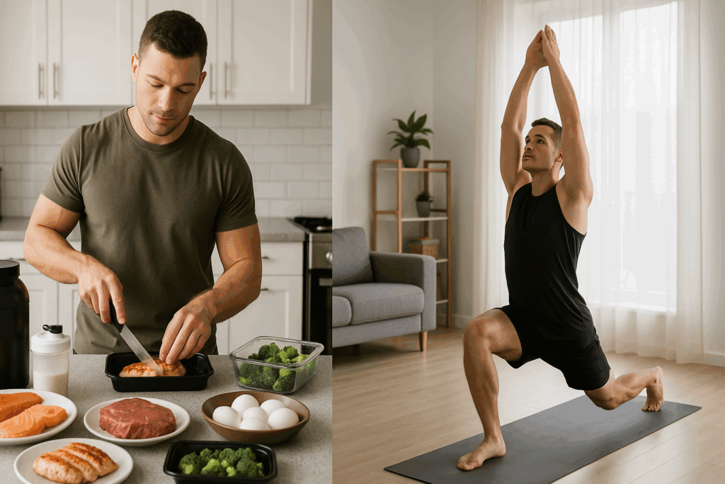 Split-screen showing a man meal prepping high-protein foods and performing fasted stretching, illustrating does fasting burn fat or muscle strategies.