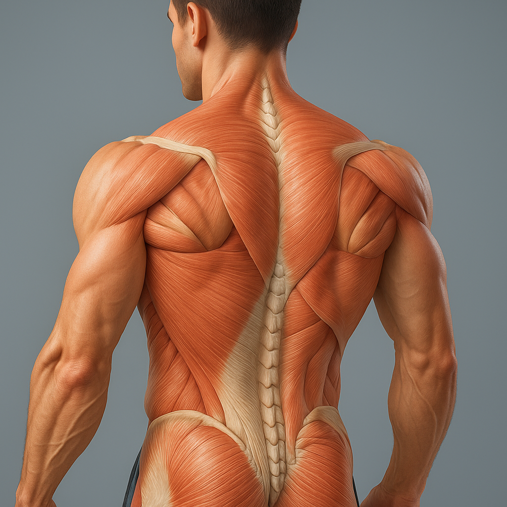 Layered 3D illustration of male back musculature highlighting muscle groups for a detailed back exercises chart.
