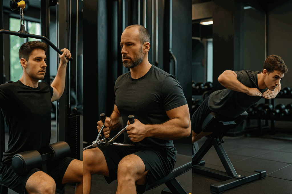 Three men demonstrate movements from a back exercises chart, including lat pulldown, seated row, and back extension in a gym.