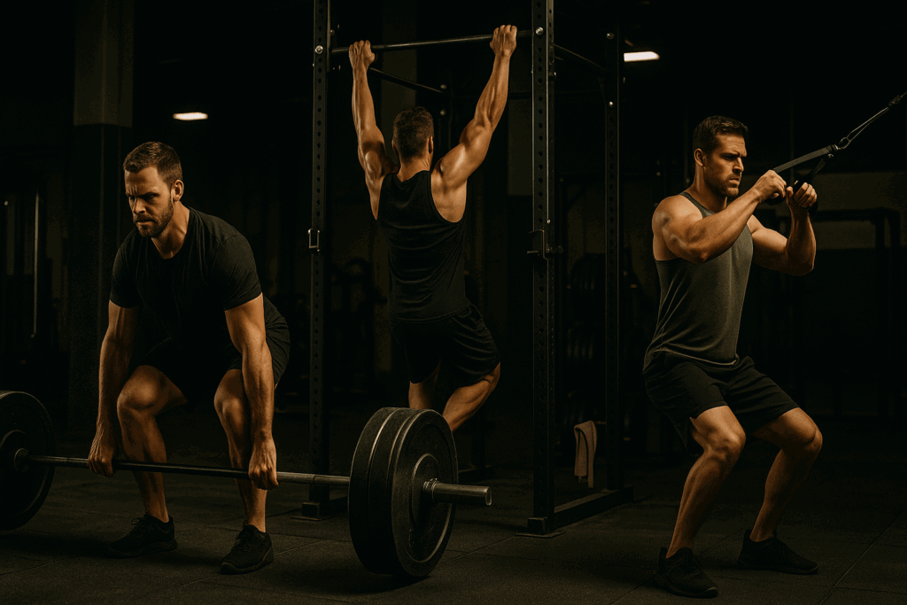 Gym scene depicting multiple strength movements that could be featured in a back exercises chart, including deadlifts and pull-ups.