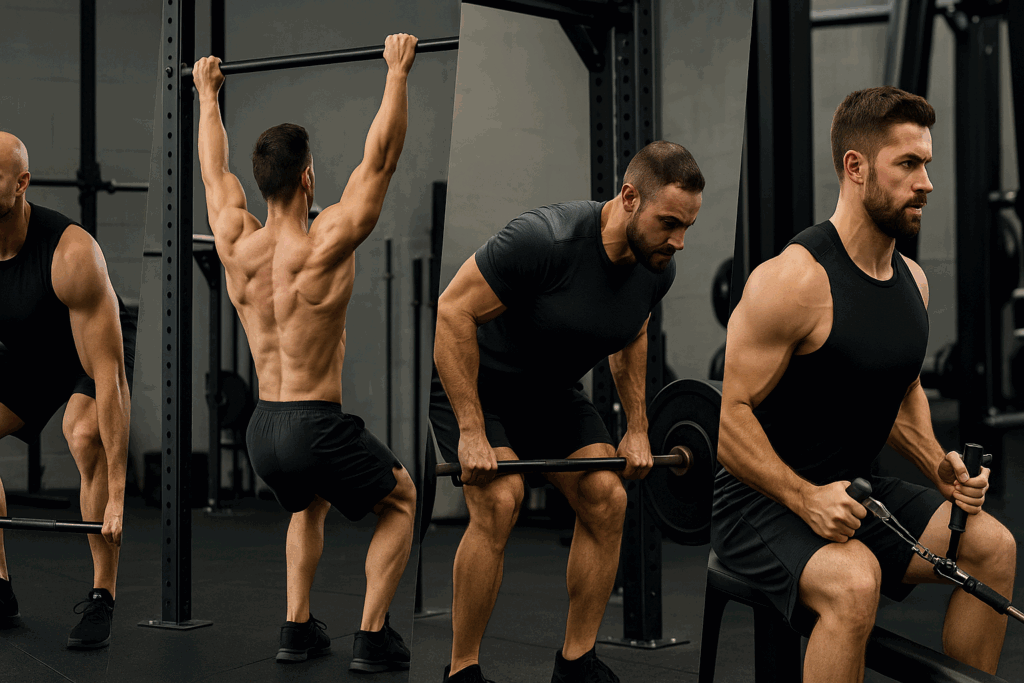 Athletes performing deadlifts, pull-ups, barbell rows, and cable rows to illustrate movements from a back exercises chart.