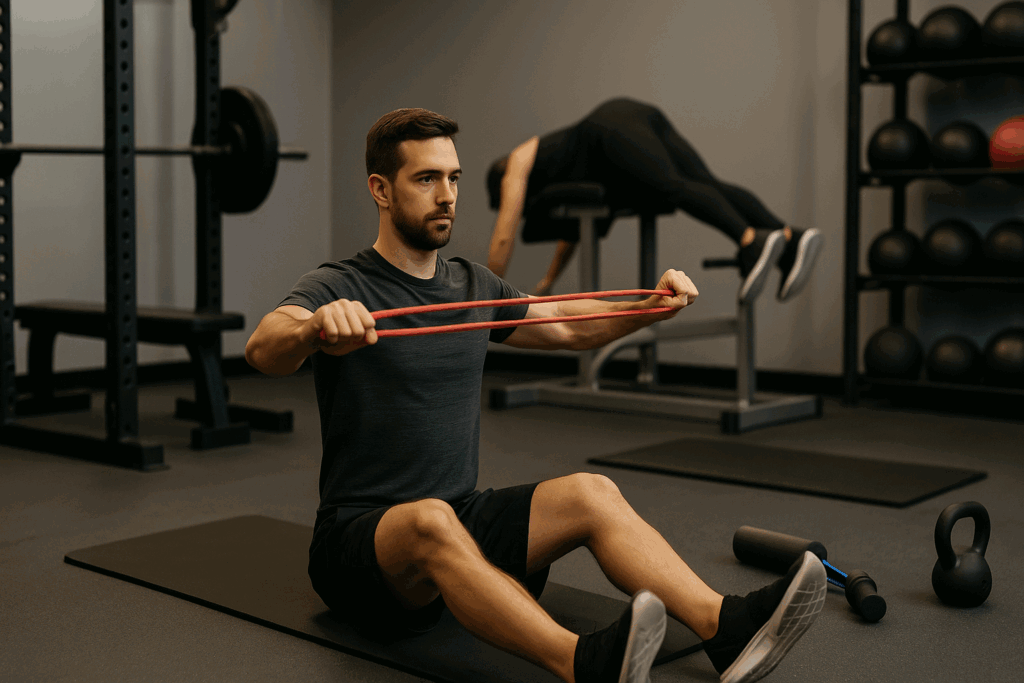 Man doing band pull-aparts and another using a reverse hyper machine, demonstrating moves from a back exercises chart.