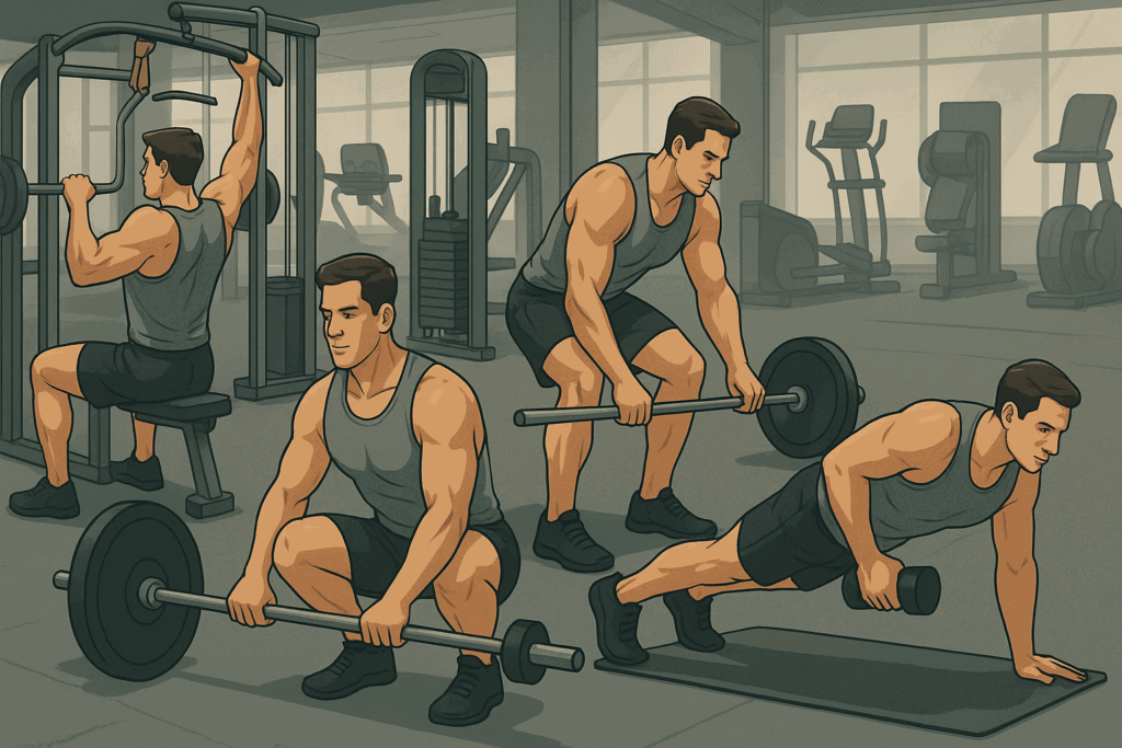 Illustrated back exercises chart showing a lifter performing deadlifts, pulldowns, rows, flys, and core movements in a gym setting.