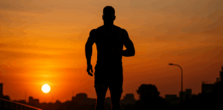 Muscular athlete running after lifting at sunset on an urban trail, silhouetted with barbell in background.