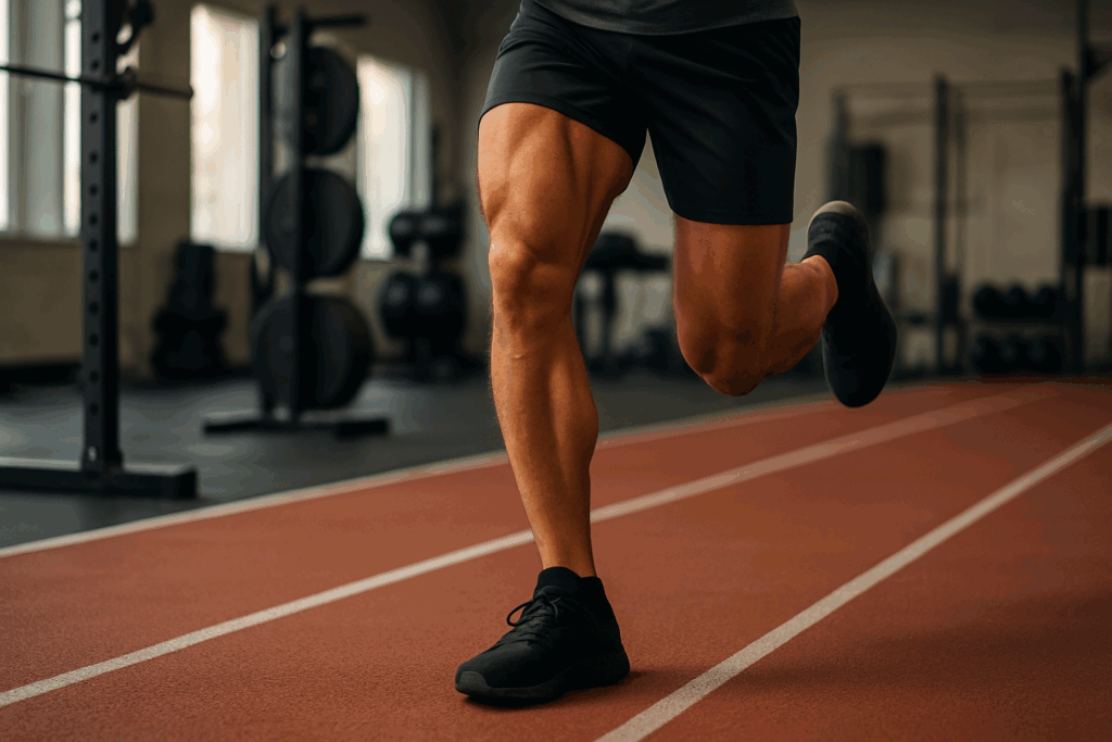 Muscular legs in motion on an indoor track after a gym workout, illustrating running after lifting