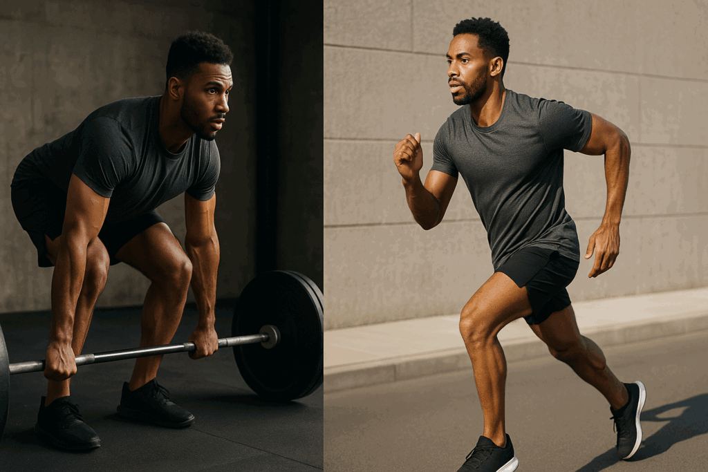 Athlete seamlessly transitioning between deadlifting indoors and running outdoors, symbolizing the synergy of running after lifting.