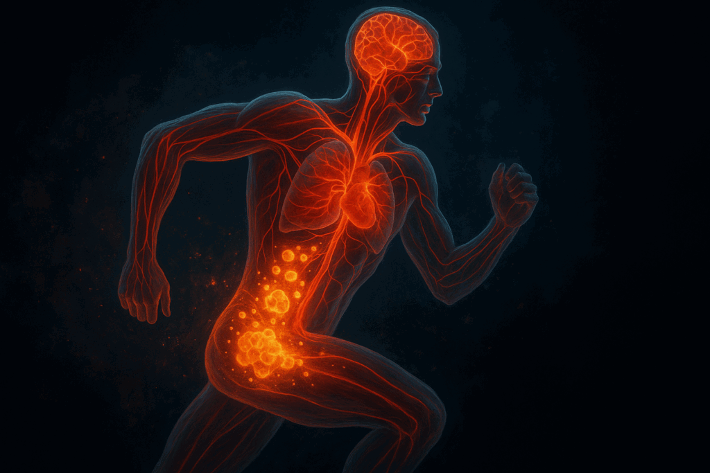 Transparent male figure showing glowing muscles, fat metabolism, and blood flow during running after lifting