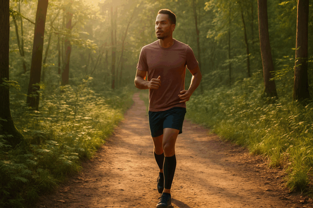 Athletic man jogging on a sunlit forest trail wearing compression sleeves, symbolizing recovery through running after lifting.