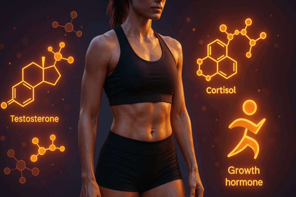 Fit woman glowing post-workout with hormone symbols like testosterone and growth hormone floating around her body, symbolizing hormonal changes from running after lifting.