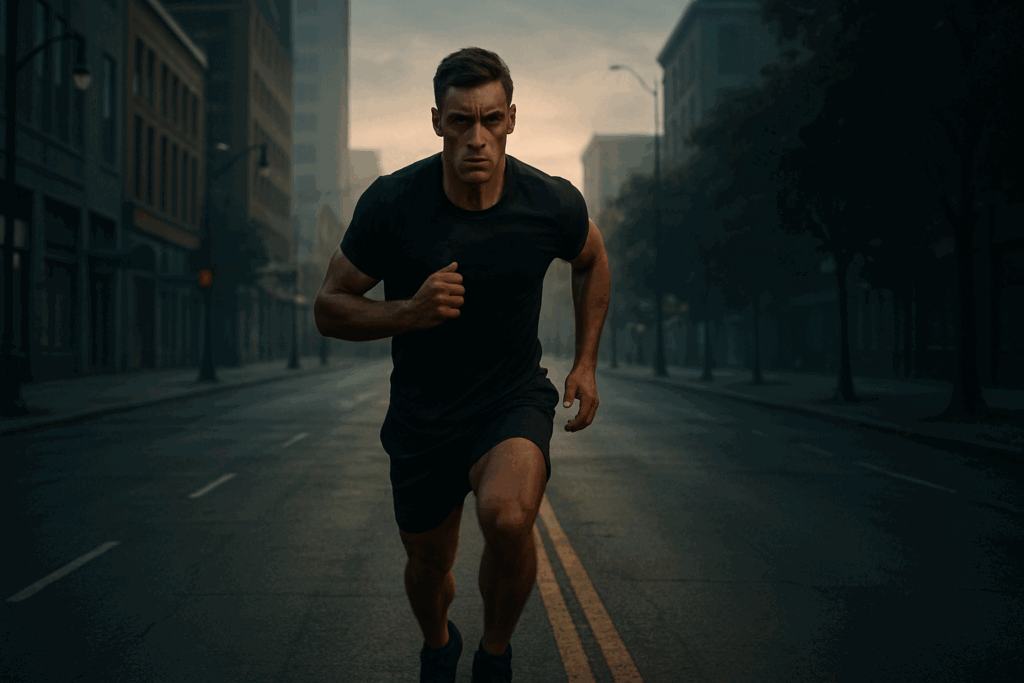 Determined athlete running after lifting on an empty city street at dawn, showing focus, discipline, and resilience