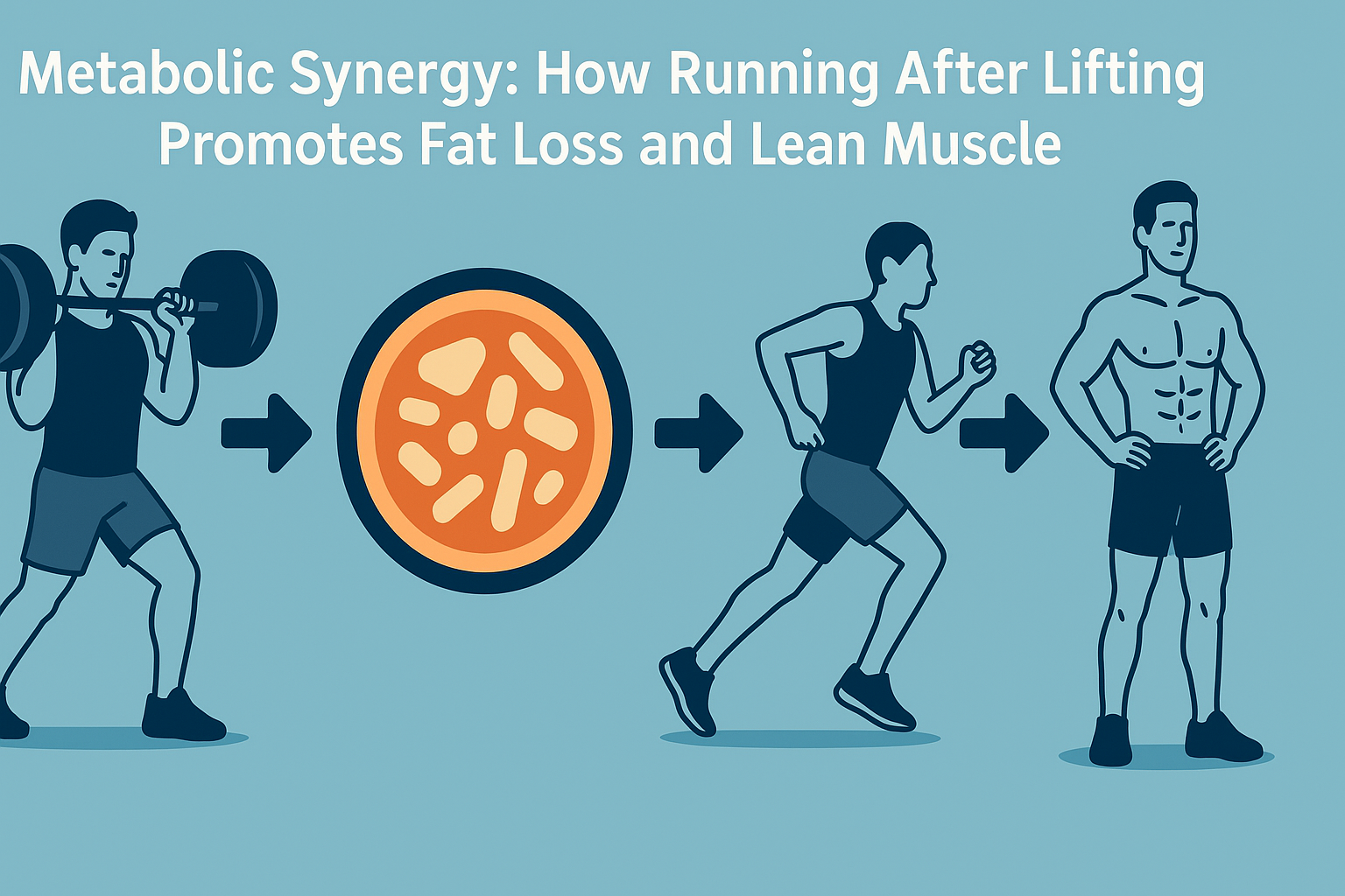 Infographic showing the fat-burning benefits of running after lifting through a sequence of weightlifting, depleted glycogen, cardio, and lean physique transformation